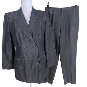Ellen Tracy Sz 6 Pant Suit w Double Breasted Long Blazer Jacket Wool Gray Career